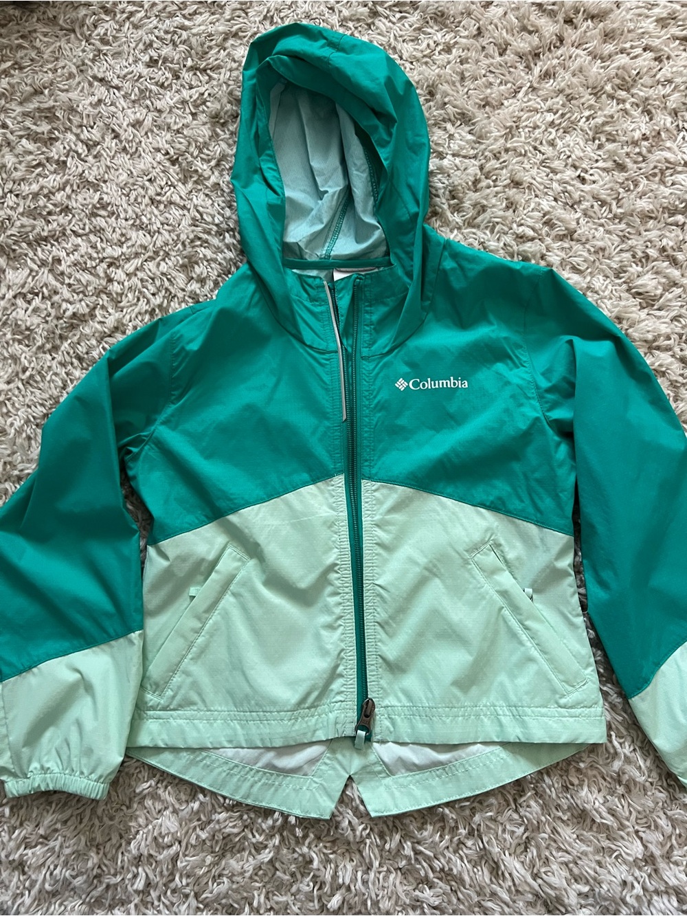 Columbia Girls' Teal Two-Tone Hooded Rain Jacket